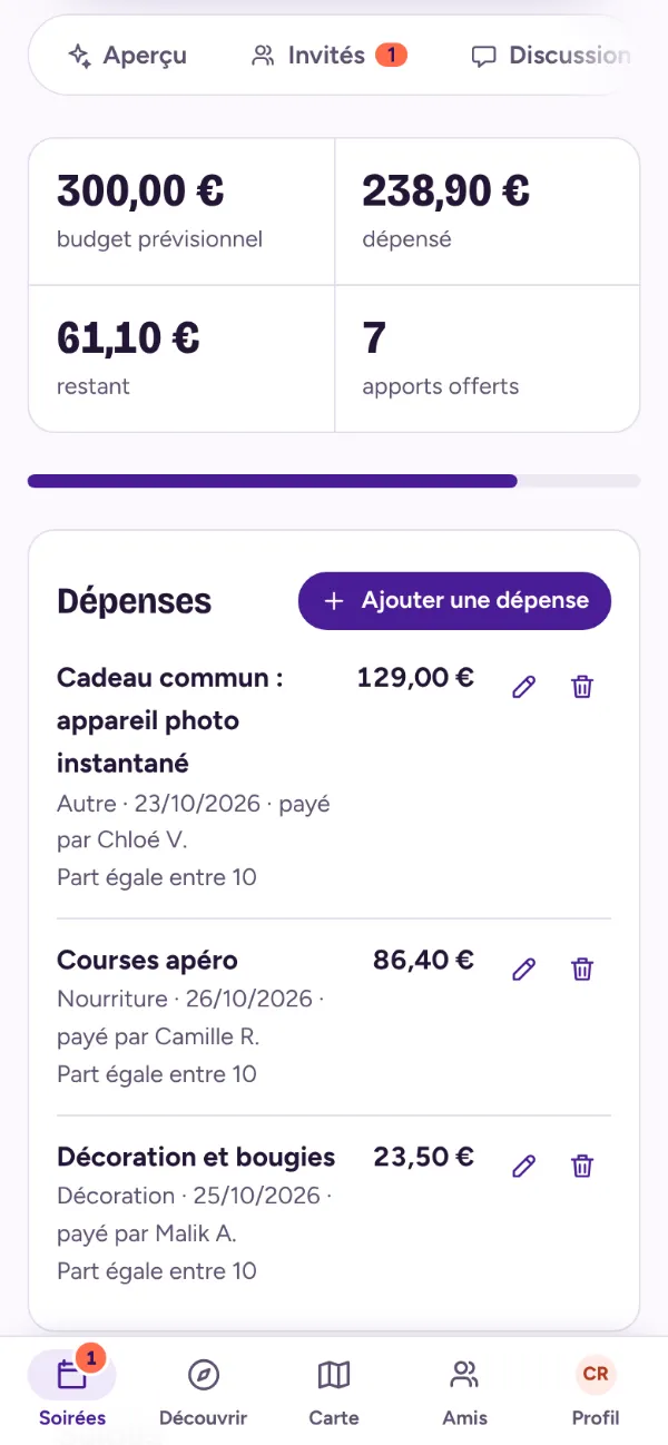 Onglet Budget : budget prévu, montant dépensé, reste et liste des dépenses partagées