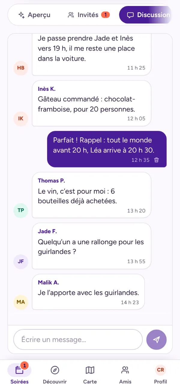 Discussion de la soirée : messages des invités et de l’organisatrice