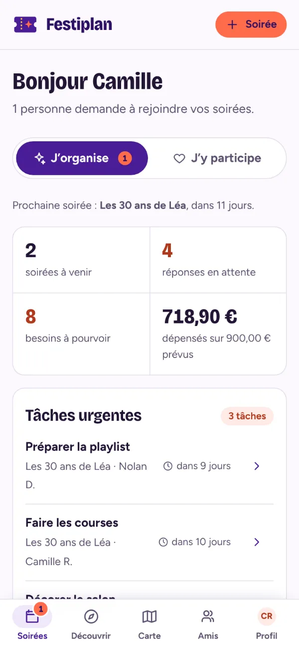 Tableau de bord : prochaines soirées, réponses en attente, besoins à pourvoir et tâches urgentes