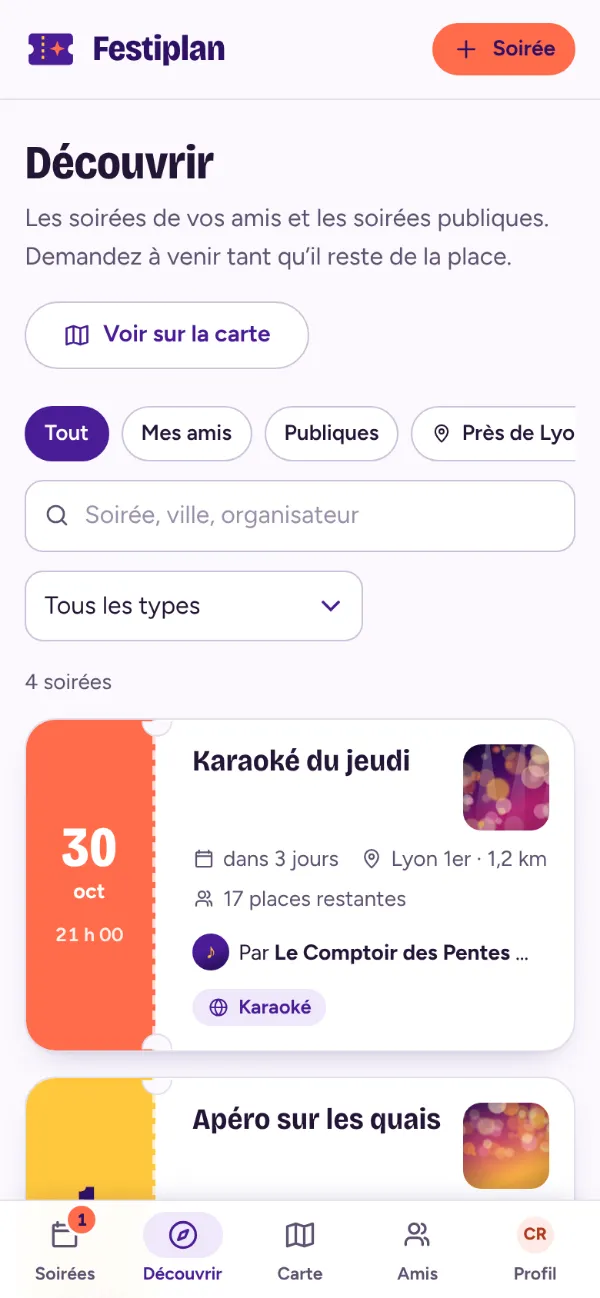 Onglet Découvrir : soirées des amis et soirées publiques à proximité, dont un karaoké dans un bar