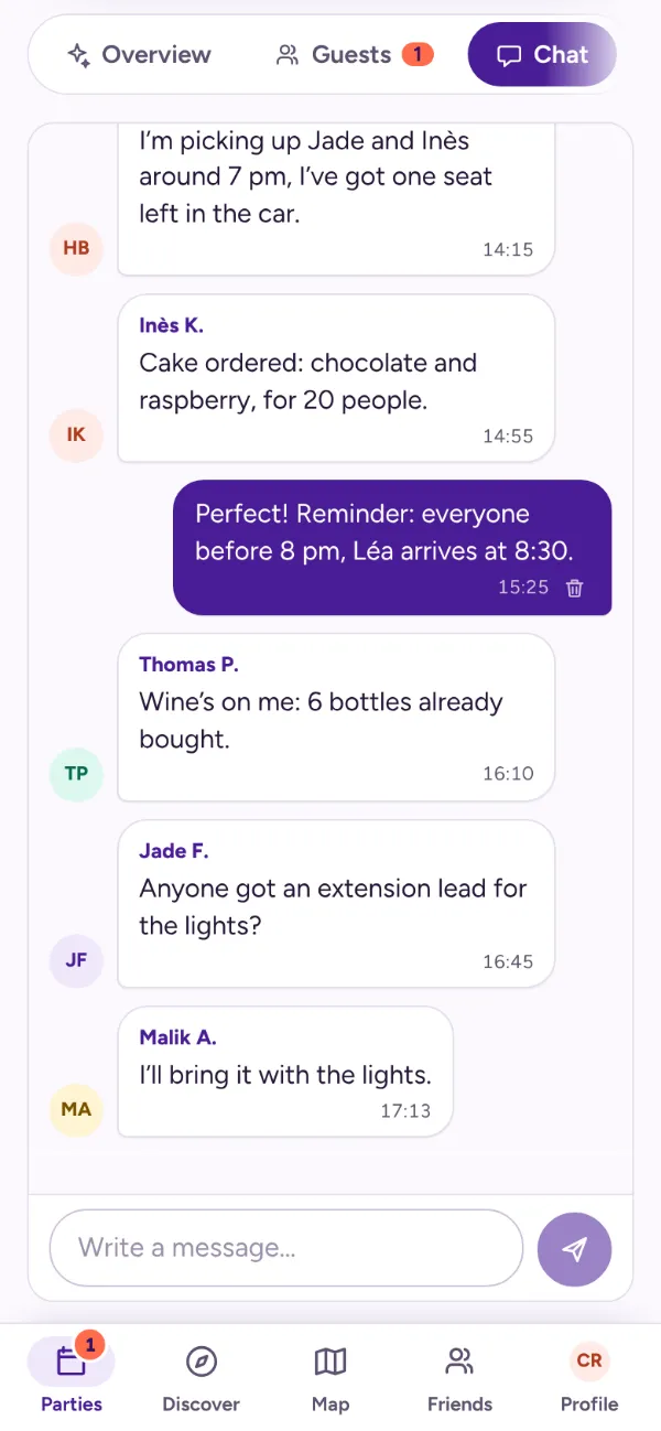 The party chat: messages from guests and the host