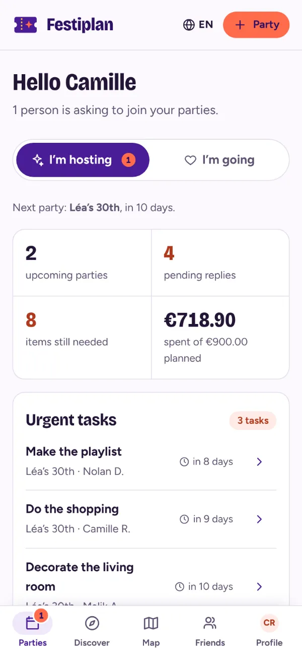 Dashboard: upcoming parties, pending replies, needs to cover and urgent tasks