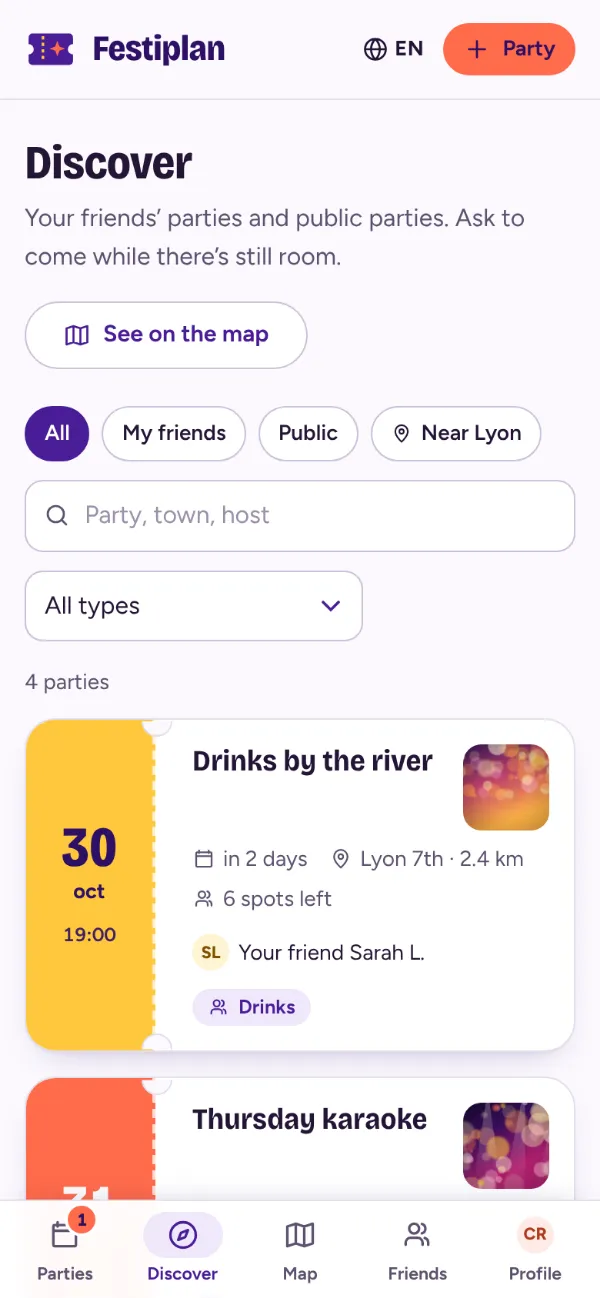 Discover tab: friends’ parties and public events nearby, including karaoke in a bar