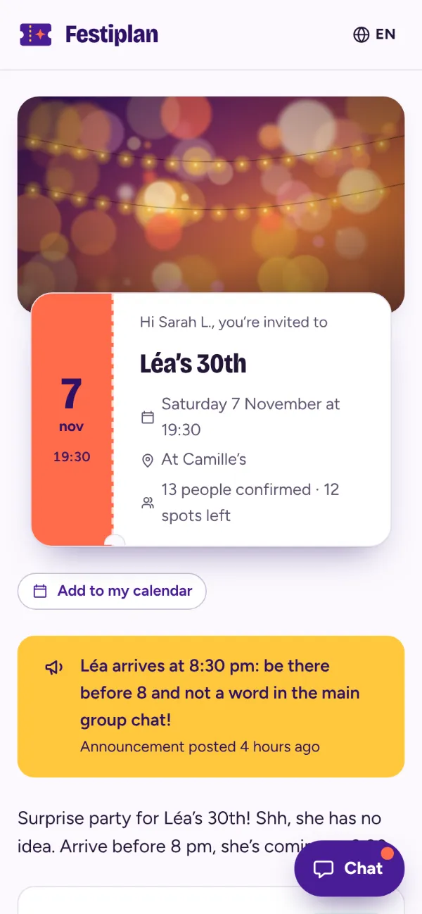 Invitation page seen by a guest on her phone: date, place, number of confirmed people and the host’s announcement