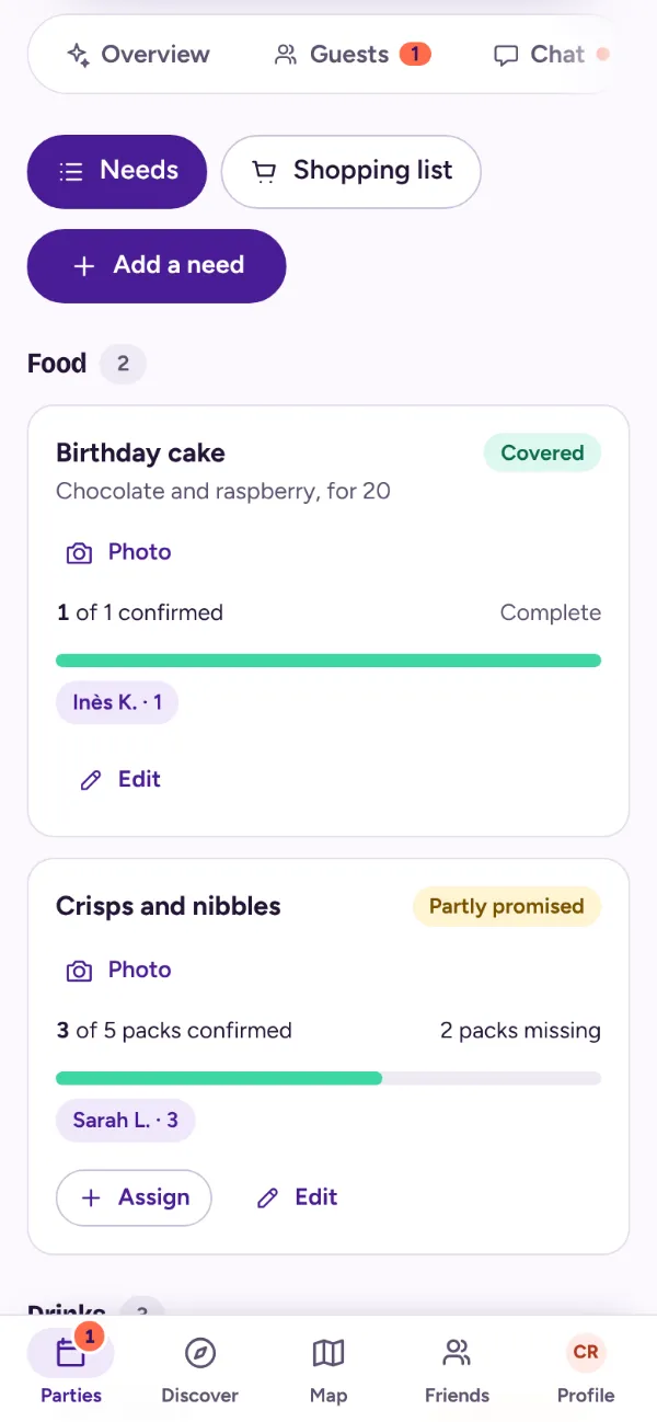 The host’s Needs tab: needs by category with the quantities each guest promised
