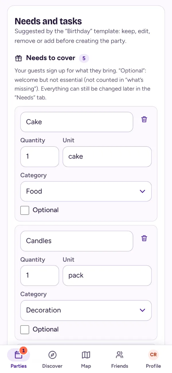 Creating a party: needs suggested by the template, editable before creating