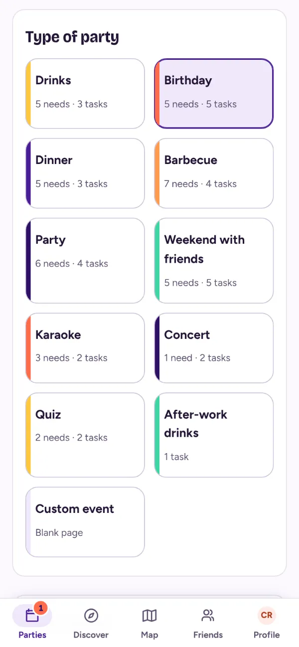 Creating a party: choosing the type (drinks, birthday, dinner, barbecue, karaoke…)