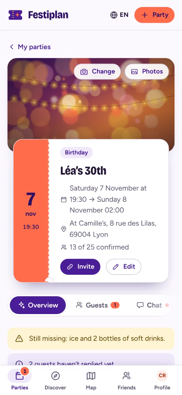 A birthday party seen by the host: cover photo, date, place and preparation alerts