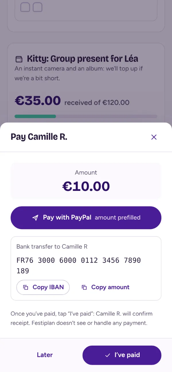 Pay back in one tap: the amount, a prefilled PayPal button and the IBAN to copy