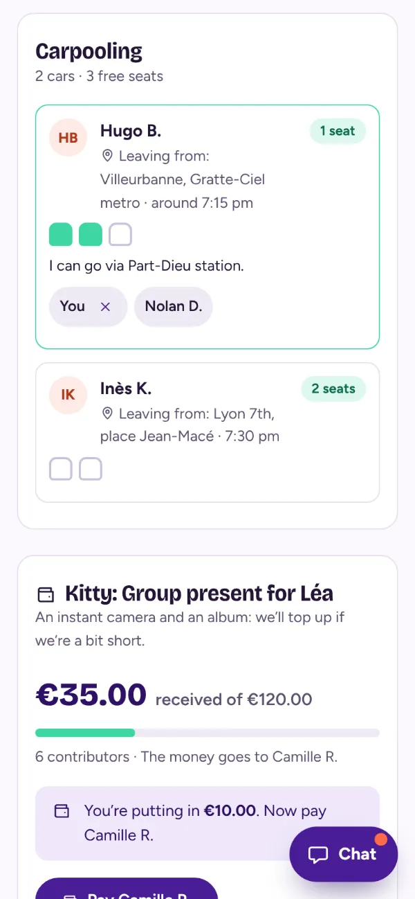 Carpooling for a party: the cars offered, their starting point and the free seats