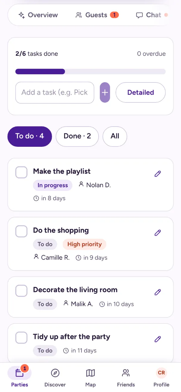 Tasks tab: tasks to do, assigned and dated, with their progress