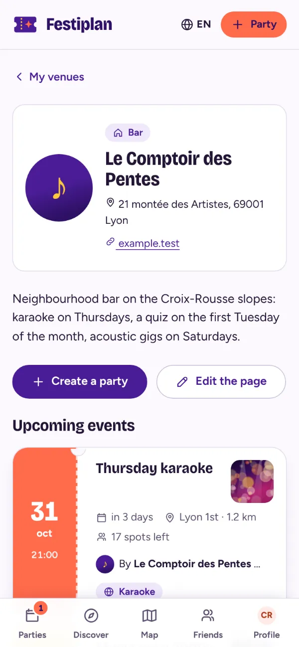 A bar’s page on Festiplan: description, address and upcoming events