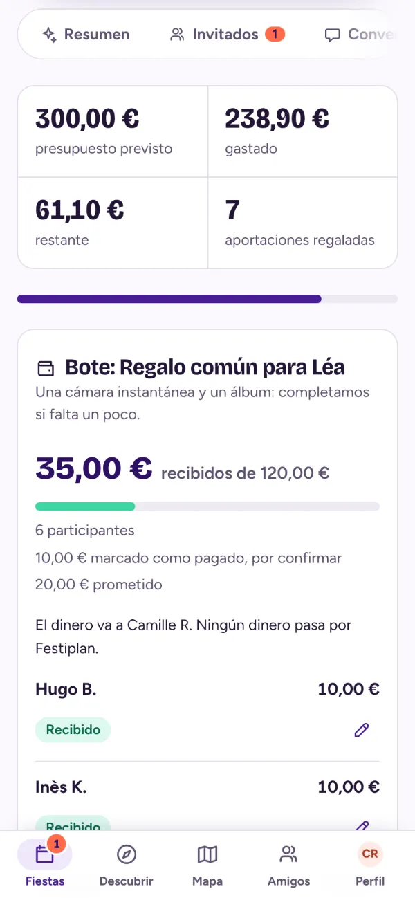 Pestaña Presupuesto: presupuesto previsto, importe gastado, resto y lista de gastos compartidos
