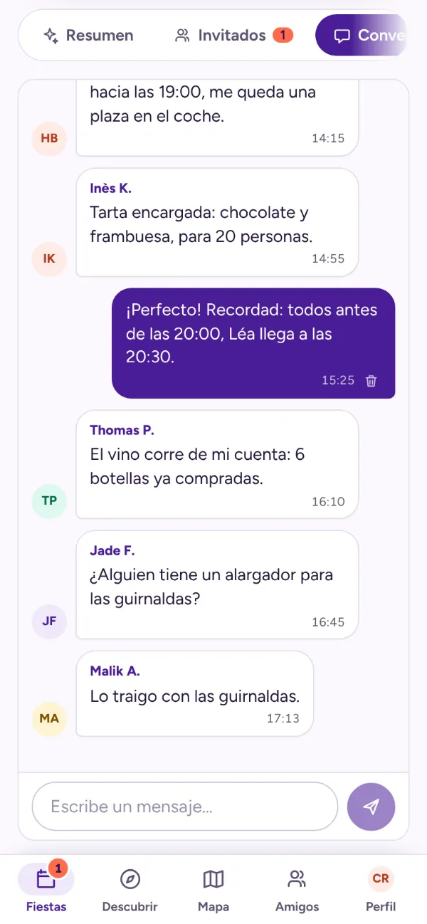 Chat de la fiesta: mensajes de los invitados y de la organizadora