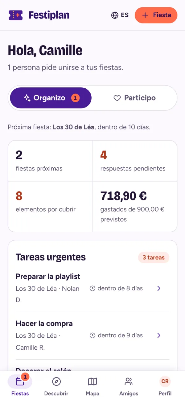 Panel: próximas fiestas, respuestas pendientes, necesidades por cubrir y tareas urgentes