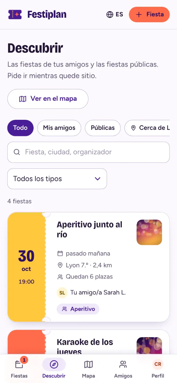 Pestaña Descubrir: fiestas de amigos y eventos públicos cercanos, entre ellos un karaoke en un bar