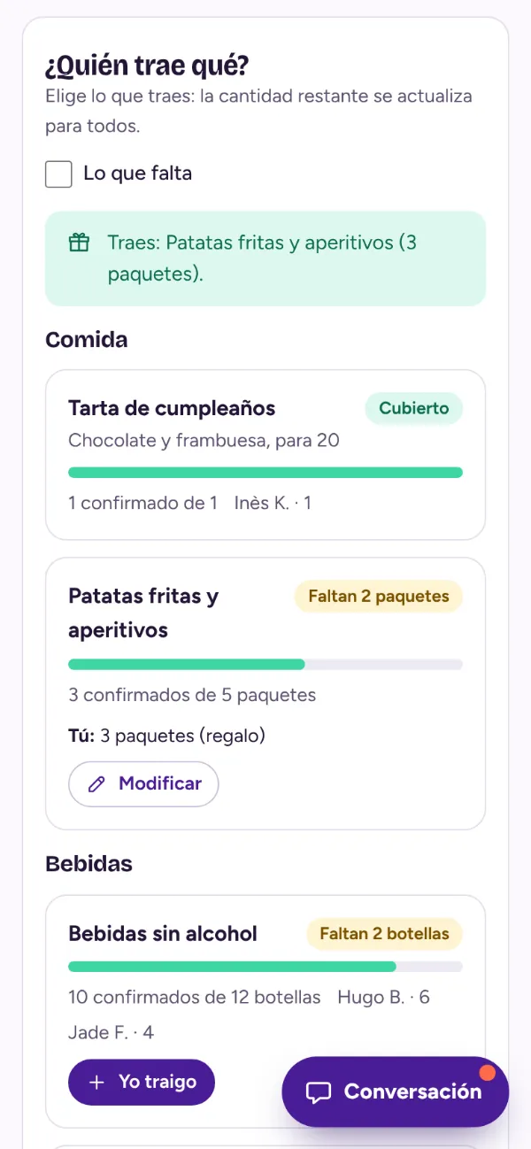 Lista «¿Quién trae qué?» vista por una invitada: lo prometido, lo que aún falta y lo que ella trae