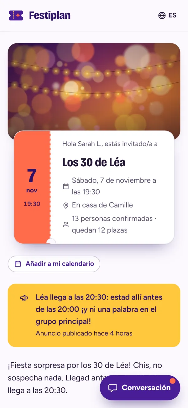 Página de invitación vista por una invitada en su móvil: fecha, lugar, número de personas confirmadas y anuncio de la organizadora