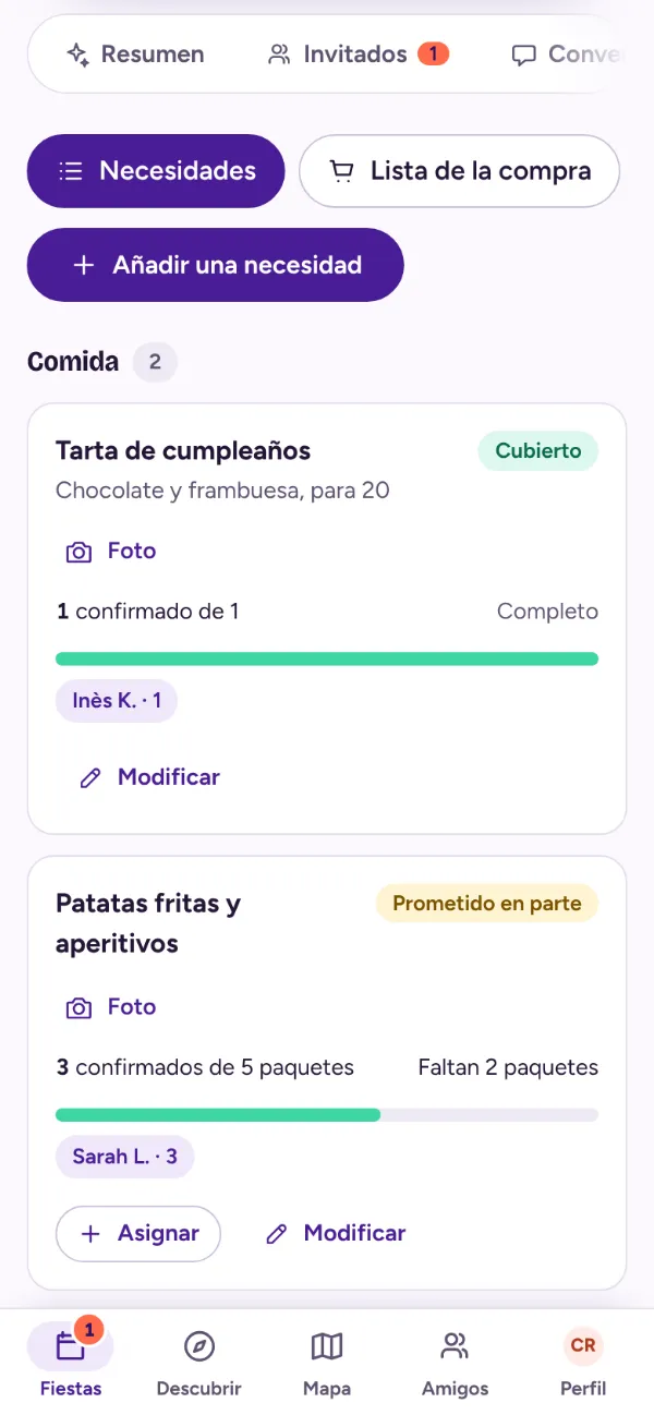 Pestaña Necesidades del organizador: necesidades por categoría con las cantidades prometidas por cada invitado