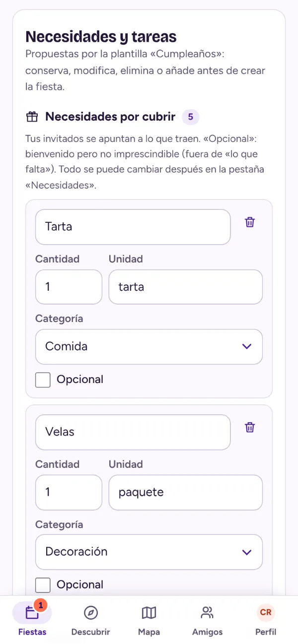 Creación de una fiesta: necesidades propuestas por la plantilla, modificables antes de crear