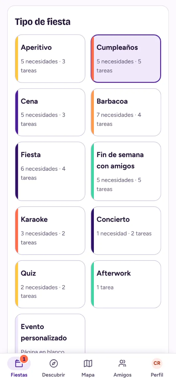 Creación de una fiesta: elección del tipo (aperitivo, cumpleaños, cena, barbacoa, karaoke…)