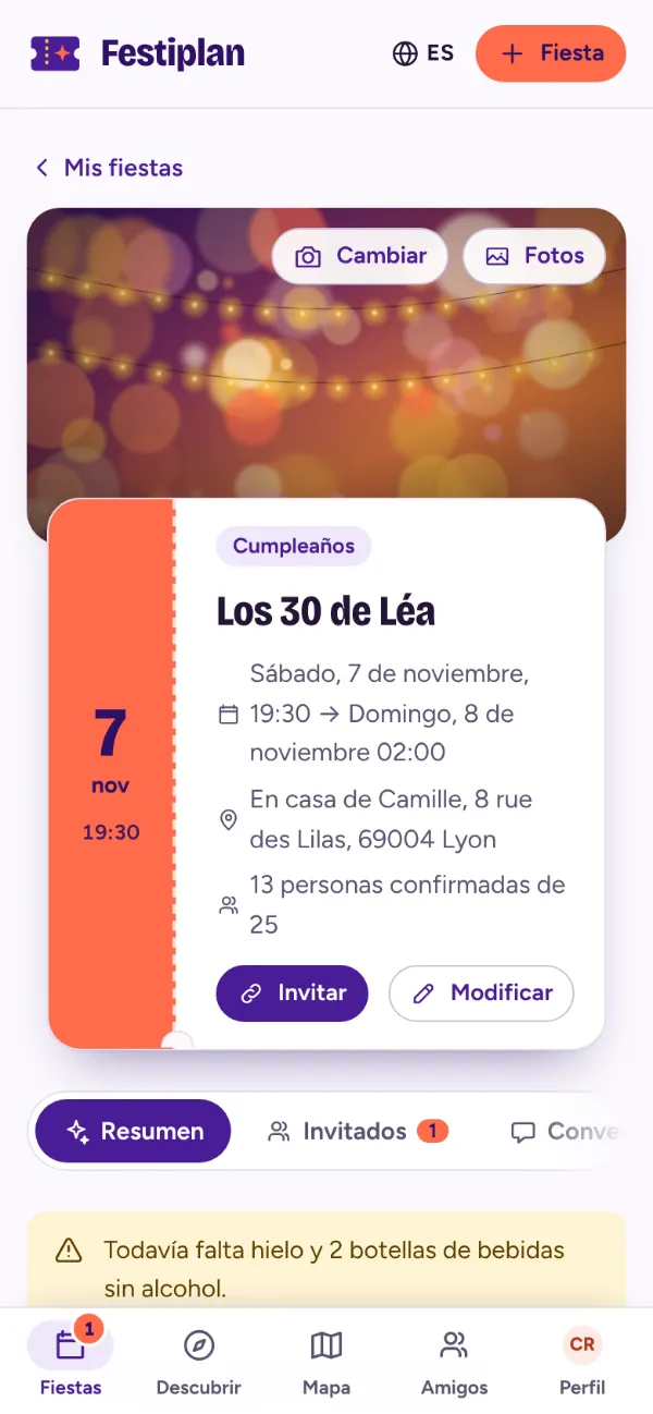 Ficha de una fiesta de cumpleaños vista por la organizadora: foto de portada, fecha, lugar y alertas de preparación