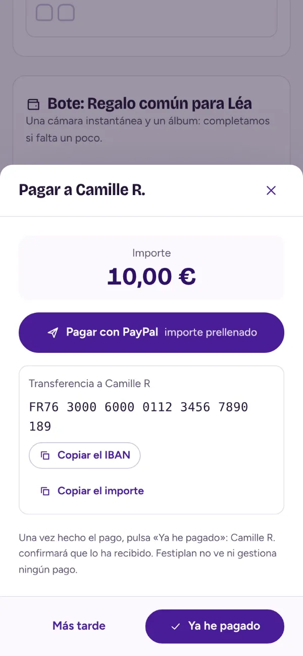 Devolver en un toque: el importe, un botón de PayPal prellenado y el IBAN para copiar