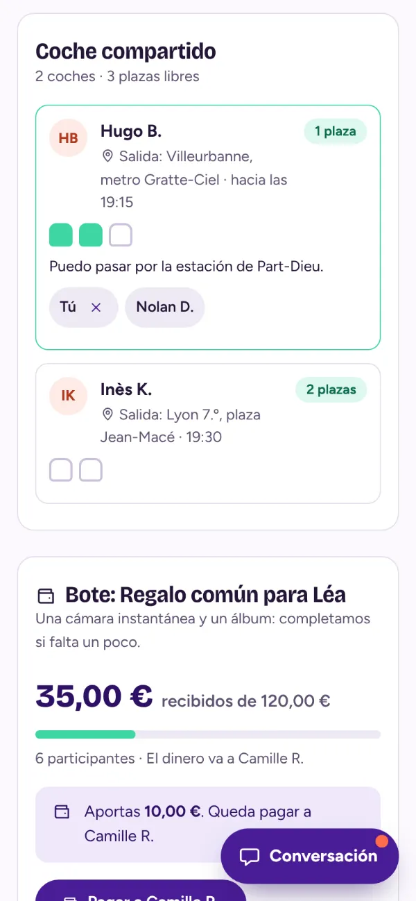 Coche compartido de una fiesta: los coches ofrecidos, su punto de salida y las plazas libres
