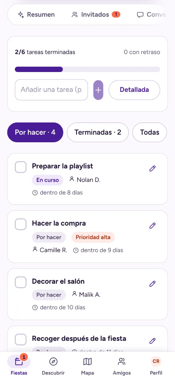 Pestaña Tareas: tareas por hacer, asignadas y con fecha, con su avance
