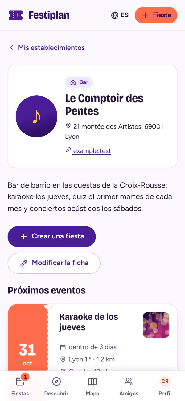 Ficha de un bar en Festiplan: presentación, dirección y próximos eventos publicados