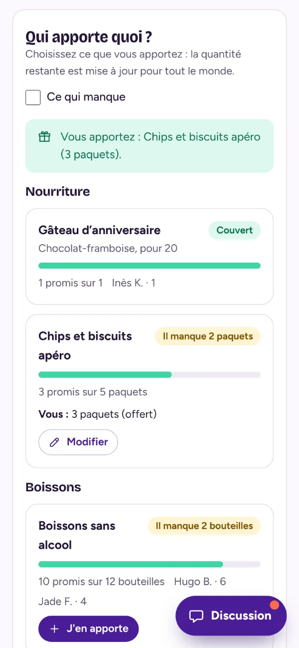 Liste « Qui apporte quoi ? » vue par une invitée : ce qui est promis, ce qui manque encore et ce qu’elle apporte