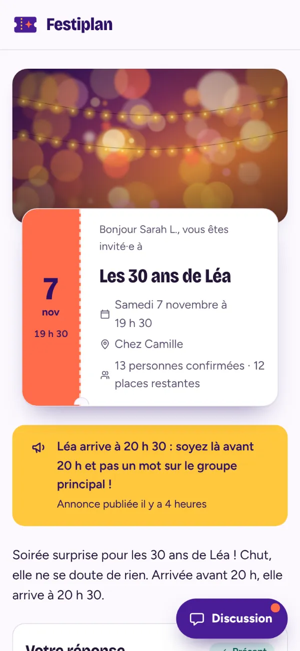 Page d’invitation vue par une invitée sur son téléphone : date, lieu, nombre de personnes confirmées et annonce de l’organisatrice