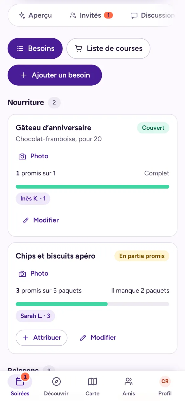 Onglet Besoins de l’organisateur : besoins par catégorie avec les quantités promises par chaque invité