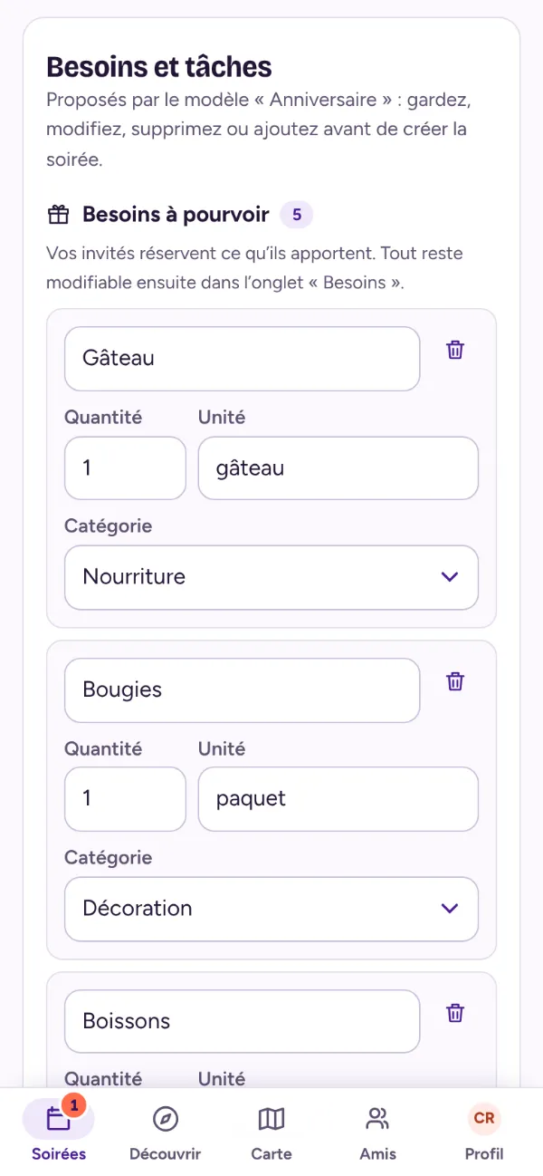 Création d’une soirée : besoins proposés par le modèle, modifiables avant de créer