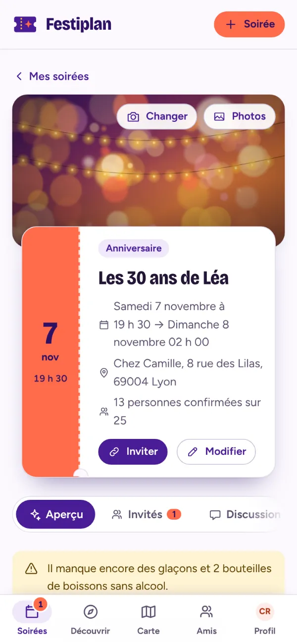 Fiche d’une soirée d’anniversaire côté organisateur : photo de couverture, date, lieu et alertes de préparation