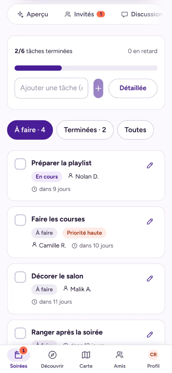 Onglet Tâches : tâches à faire, attribuées et datées, avec leur avancement