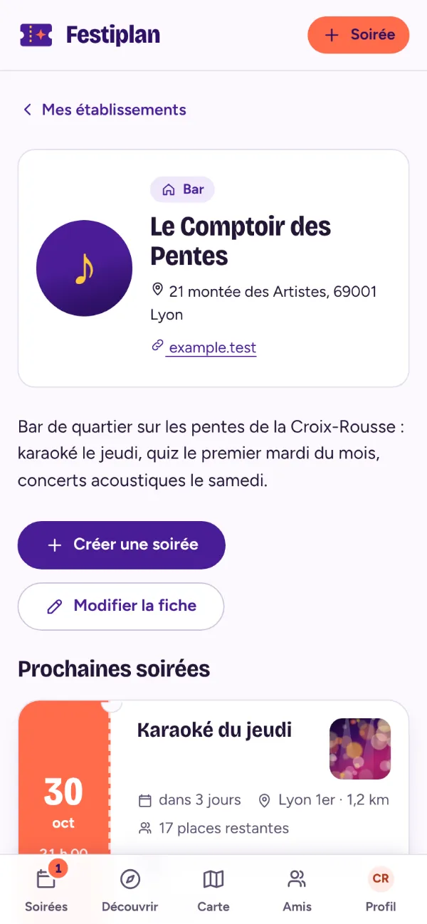 Fiche d’un bar sur Festiplan : présentation, adresse et prochaines soirées publiées